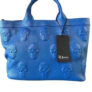 NWT IO PELLE Blue Skull Embossed Leather Satchel Medium Crossbody Handbag HTF